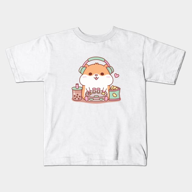 Cute Chubby Hamster Gamer Playing Video Games Kids T-Shirt by rustydoodle